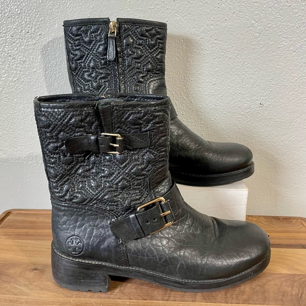 Tory Burch Moto Whimsgoth Biker Black Leather Boots 7.5 Buckle Zip Edgy Quilted